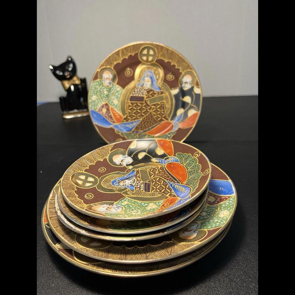 Japanese Antique 1900 6 Plates Saucers Meiji Satsuma Moriage Dragonware Immortal